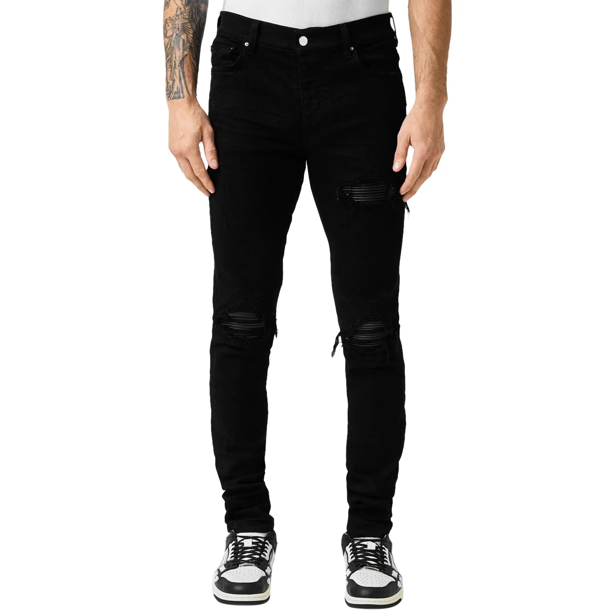 Image of Amiri MX1 Black Leather Patch Jeans